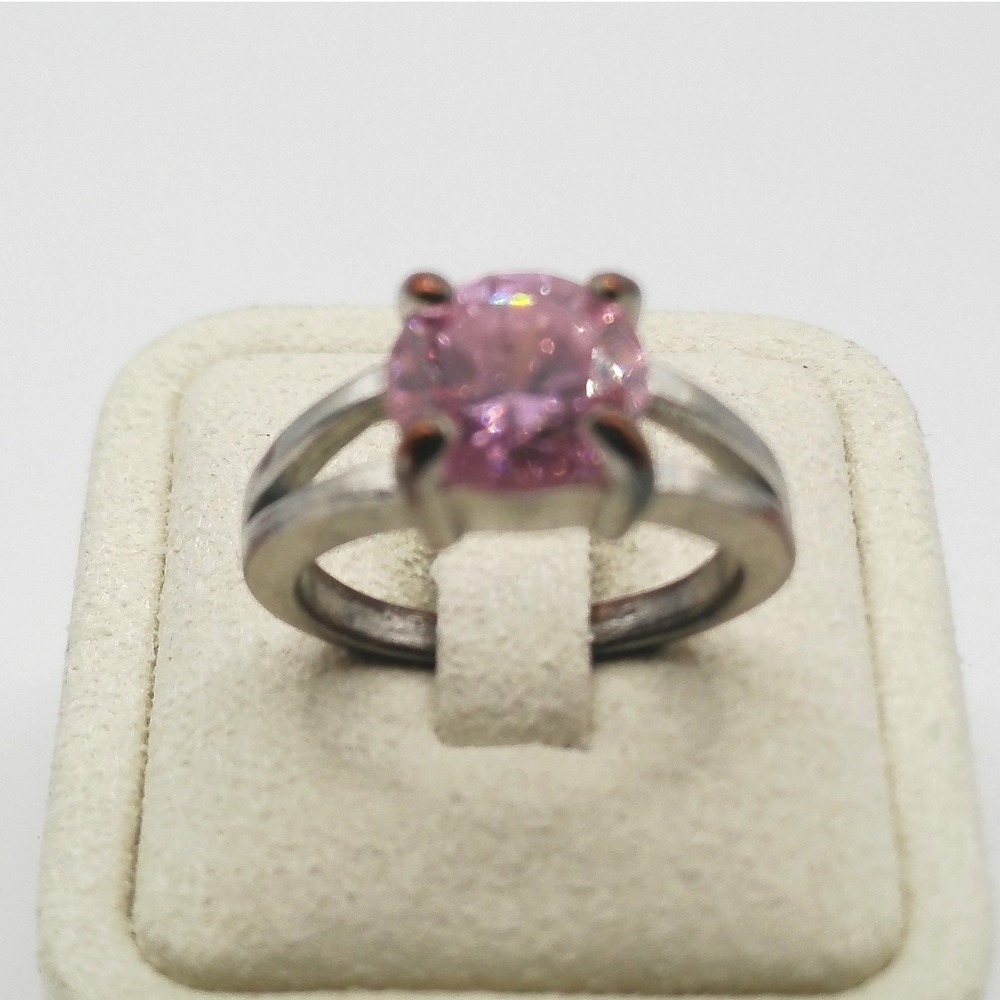 Pink Stone Split Shank Solitaire Cocktail Ring Silver Tone Size 8